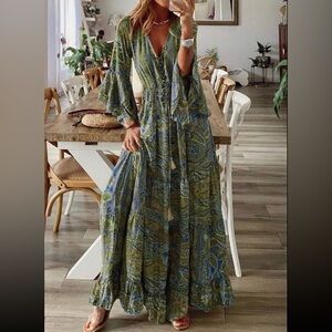 Bohemian Long Paisley Maxi Dress in Olive Green